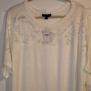 NWT- 26/28 White Scoop Neck Blouse w/Sheer Insert